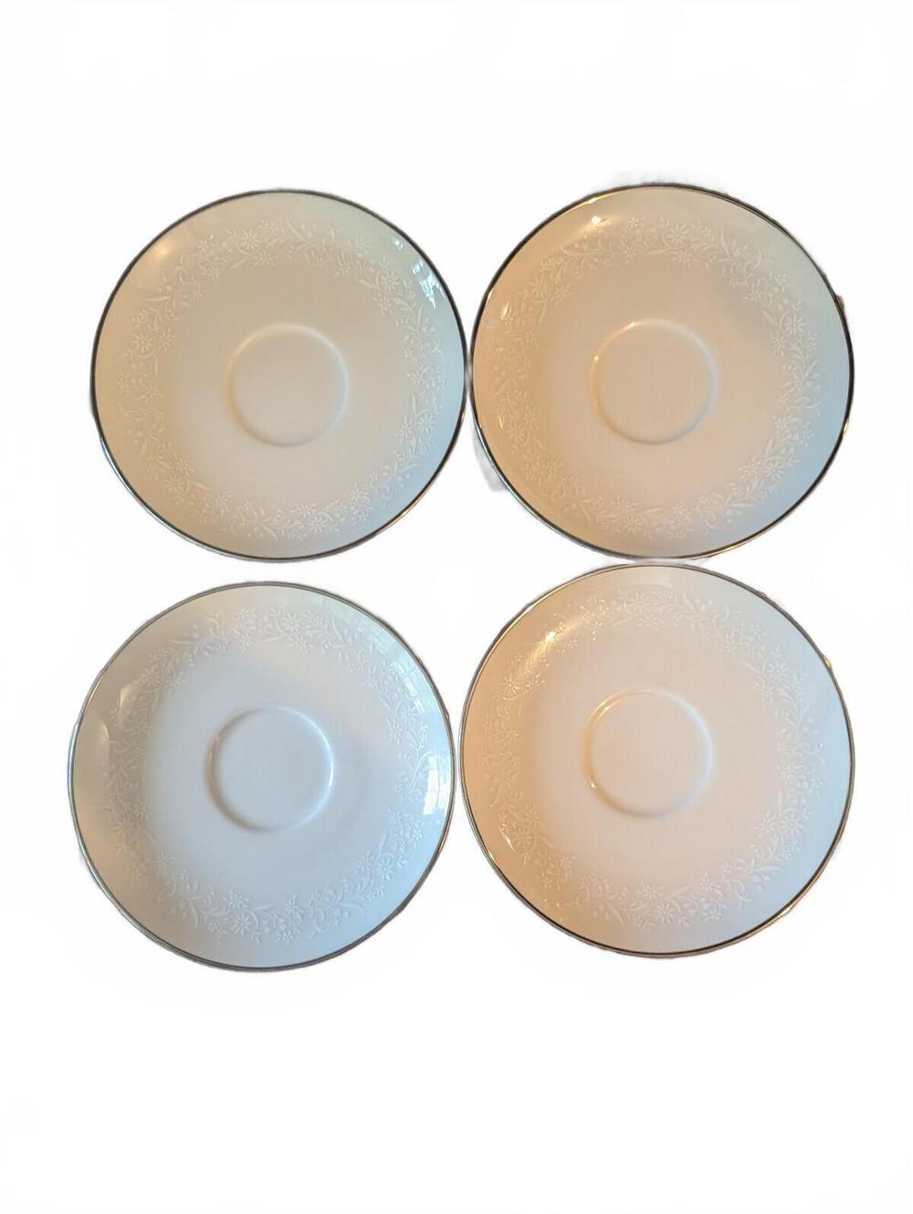 Noritake Lorelei 7541 Ivory China Floral Embossed Teacup Saucer Plates Set of 4